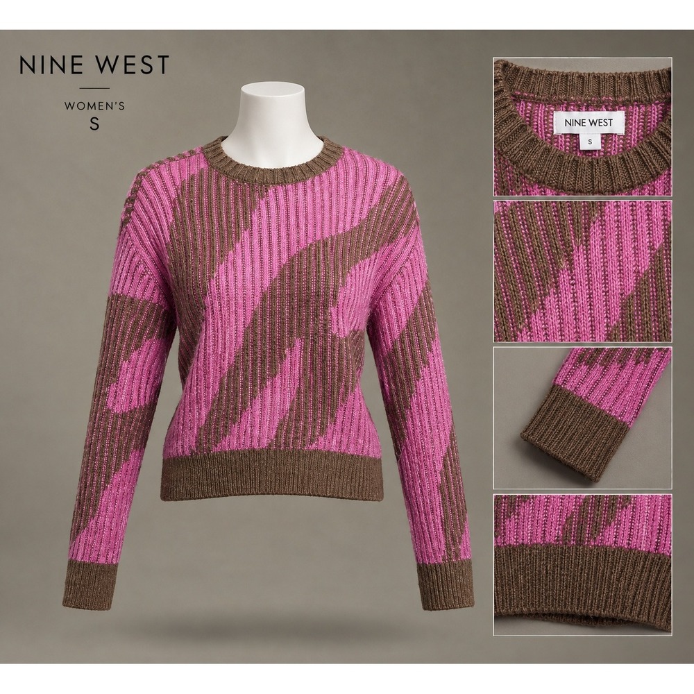 Nine West M15 Women's Pink Brown Abstract Zebra Knit Crewneck Sweater Small